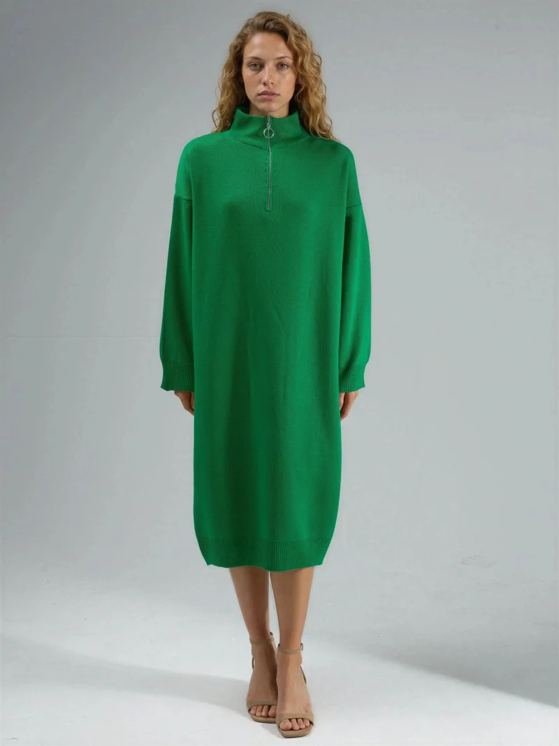 My Fashion Green MY FASHION Ribbed Knit Midi Dress with Zipper Collar for Women | Best Price UAE